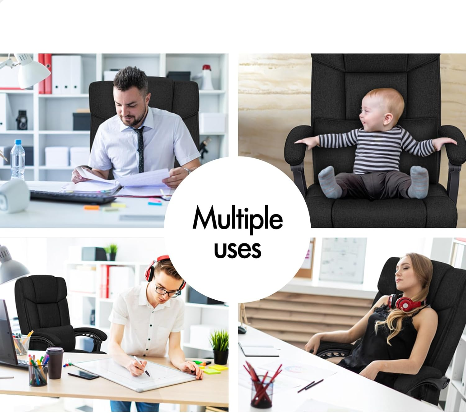 ALFORDSON Ergonomic Executive Office Chair with Footrest, High Back Desk Computer Chair Recliner for Home Office Study Student, Linen Fabric Video Gaming Chair, Boss Fabric Black image number 1