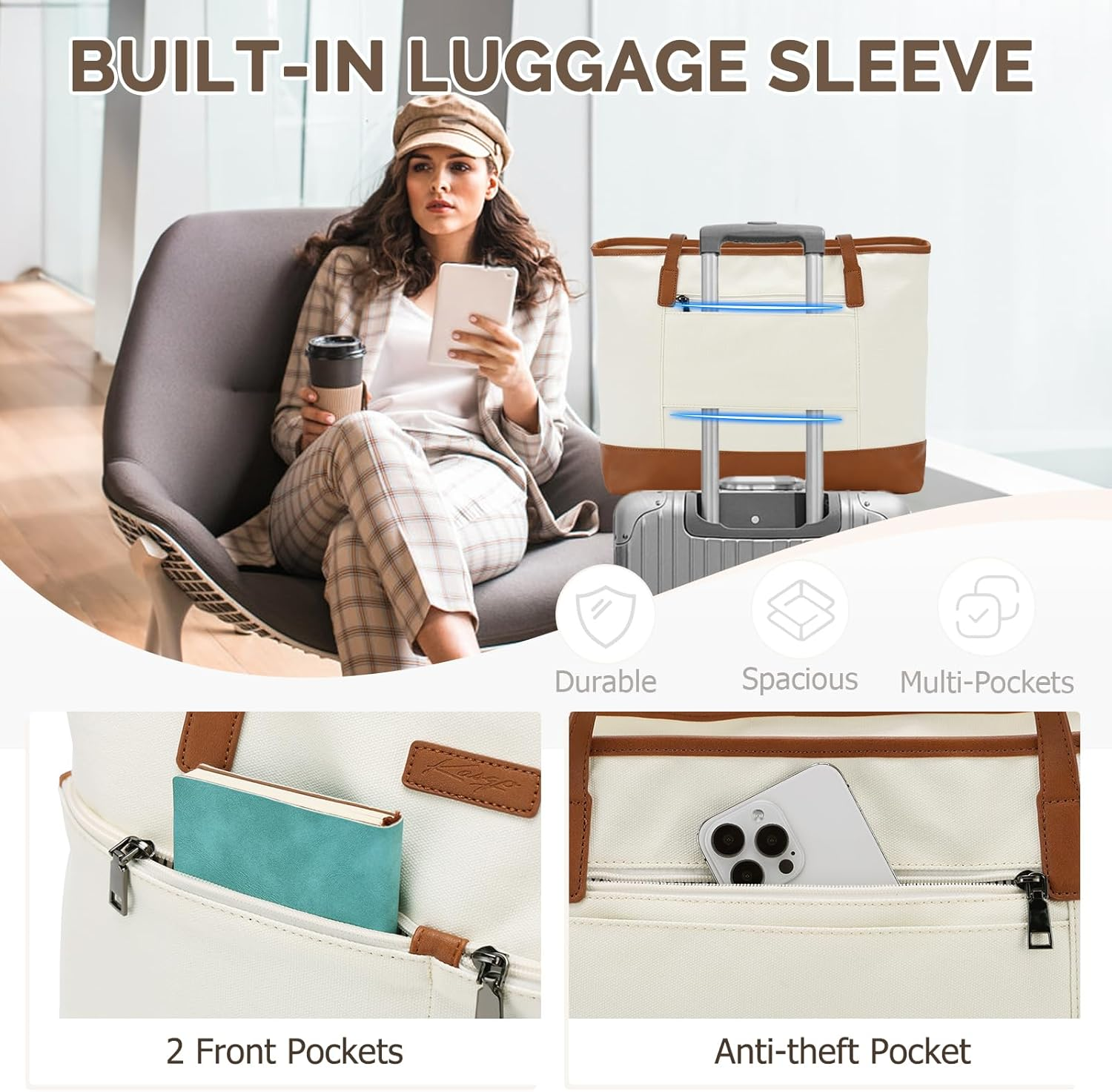 Laptop Tote Bag for Women, KASQO Water Resisitant 15.6 Inch Laptop Shoulder Bag Large Business Work Bag Teacher Nurse Handbag Briefcase for Travel, College, Office, Shopping image number 5