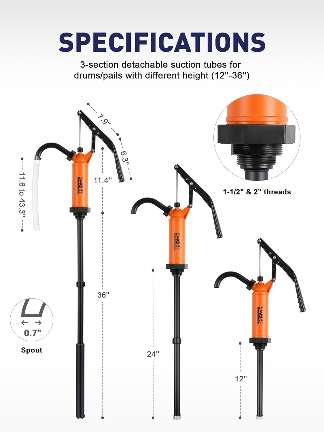 SMART JERRY - 55 Gallon Drum Pump | Heavy Duty Manual Barrel Pump for Water, DEF & Corrosive Liquids | 9-14 Oz per Stroke Lever Action Design​ | Fits 5-55 Gallon Drums