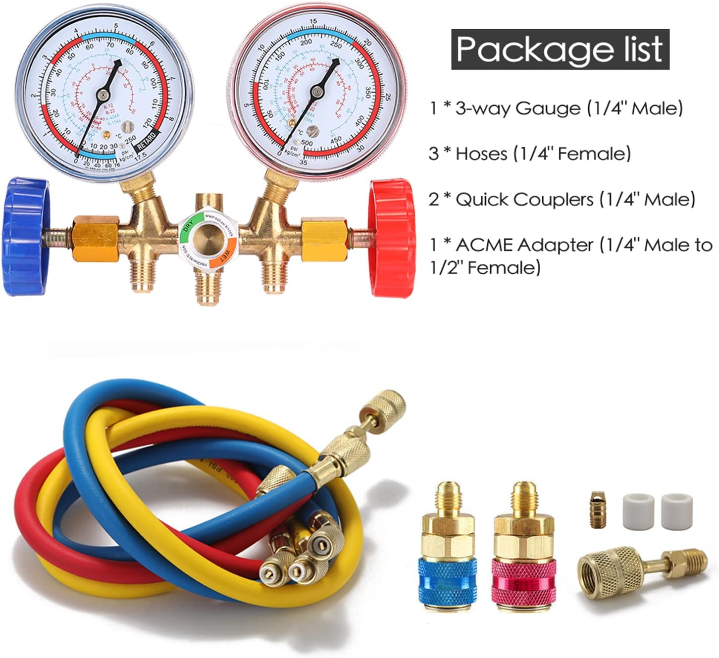 3 Way Refrigerant Gauge AC Diagnostic Manifold Freon Gauge Set Refrigerants with Couplers and Acme Adapter image number 2