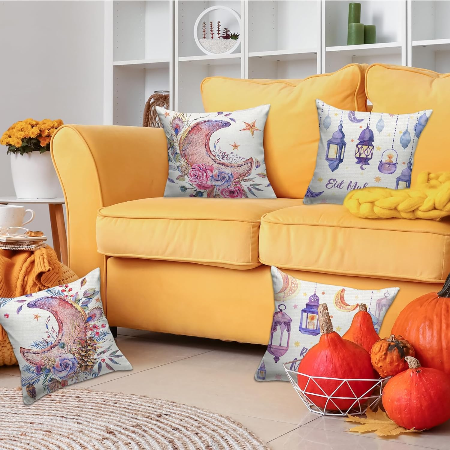 FARMNALL Linen Ramadan Mubarak Pillow Covers 18X18 Set of 4 Mosque Lantern Islamic Mubarak Pillow Case Decorations Bed Couch Sofa Car Chair Pillow image number 5