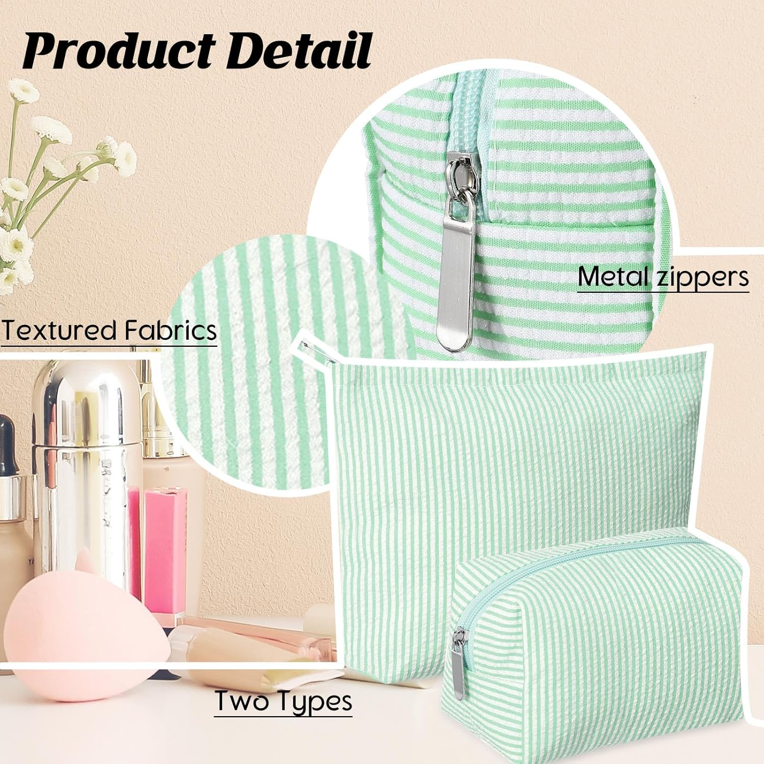 Huhumy 2 Pieces Makeup Bag Set Cute Cosmetic Pouch for Women Seersucker Travel Toiletry Bag Preppy Small Makeup Purse Pouch Aesthetic Skincare Brushes Storage Organizer for Christmas Women, Green - Black image number 3