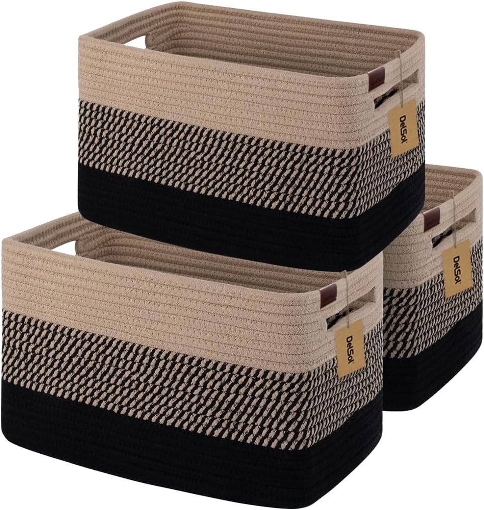 Delsol Cotton Rope Woven Basket, 3 Pack 38X26X23Cm Rectangle Storage Basket with Handle for Living Room, Bathroom, Blanket Clothes Pillows Laundry Hamper, Baby Nursery, Toy Organizer(White & Gray)