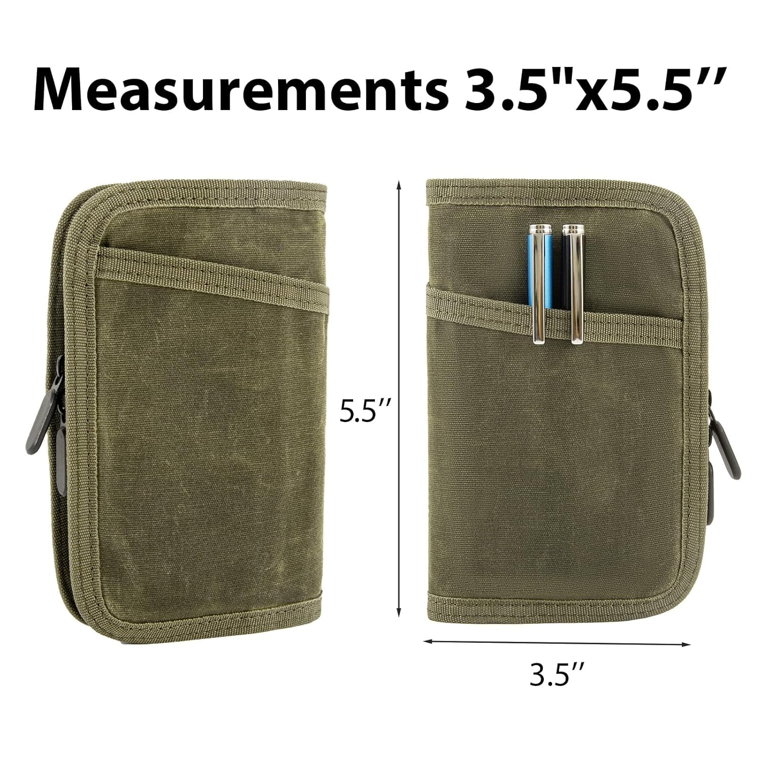 HDBHBH Field Notes Cover for 3.5 X 5.5 Notebooks, Waxed Canvas Journal Cover with Zipper Pen Holder &ndash; Fits Moleskine Cahier & Field Notes, Water Resistant Pocket Planner Cover (Army Green) image number 5