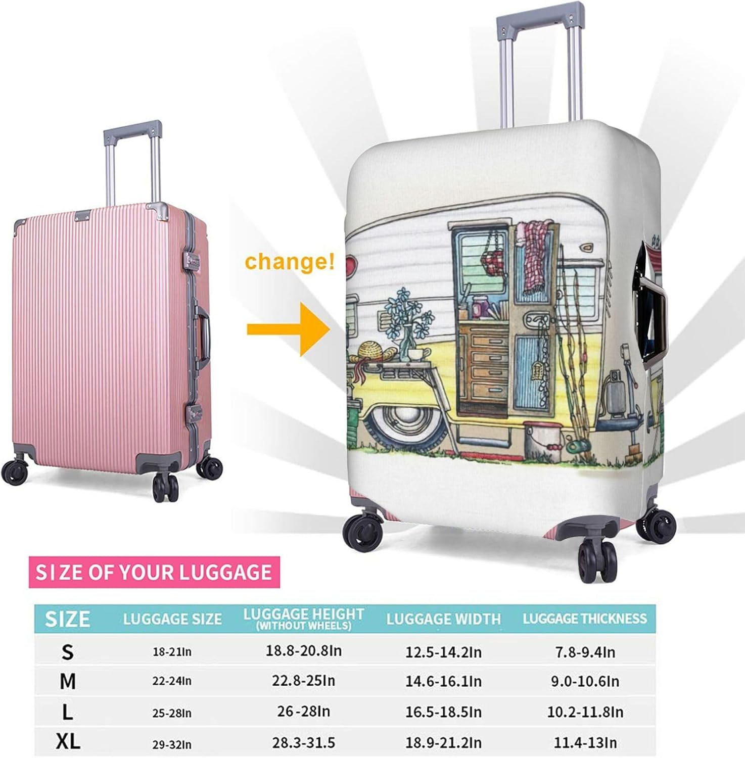 Odddot Happy Campers Print Travel Luggage Cover,Suitcase Protector Cover, Washable Baggage Covers,For 18-32 Inch Luggage, Happy Campers, Medium image number 2