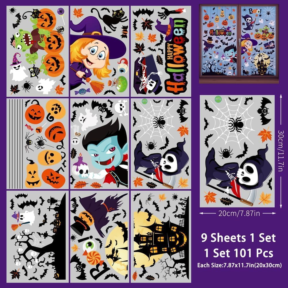 9 Sheets Halloween Window Clings, Scary Halloween Window Stickers, Removable Double Sided Halloween Window Decals for Glass Windows, Halloween Window Decorations Home Decor Halloween (C) image number 2
