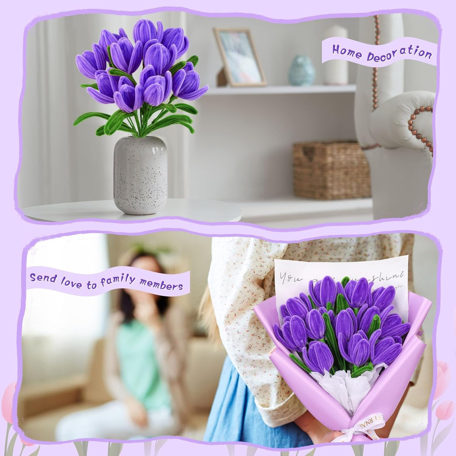 Pipe Cleaners Craft, Pipe Cleaner Flower Kit, Craft Pipe Cleaners, Chenille Pipe Cleaners with Wrapping Paper, Step-By-Step Video Tutorials for Birthday Home Decoration (Purple) image number 2