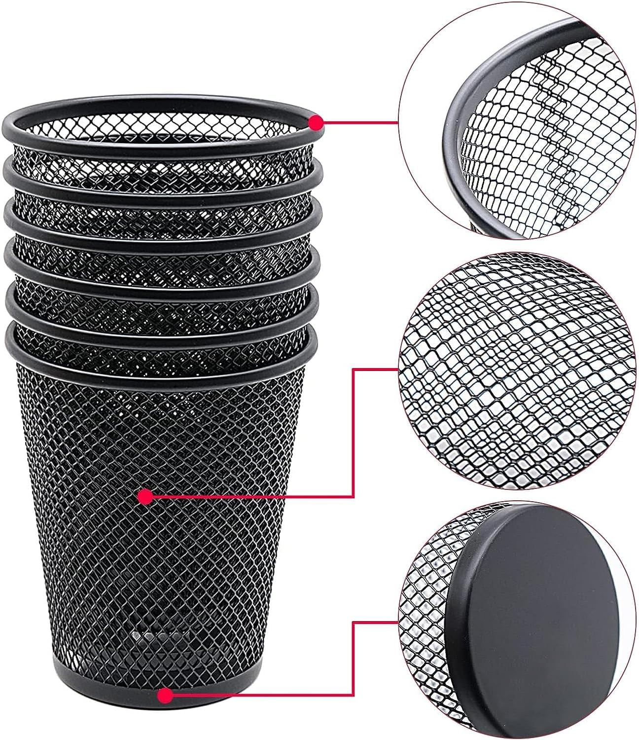 Pen Holder 6 Pack, Mesh Desk Organizer Pen Pot Pencil Holders, Stationary Supplies Pencil Pots for Office, Home, Classroom (Black 6Pcs) - Black image number 5