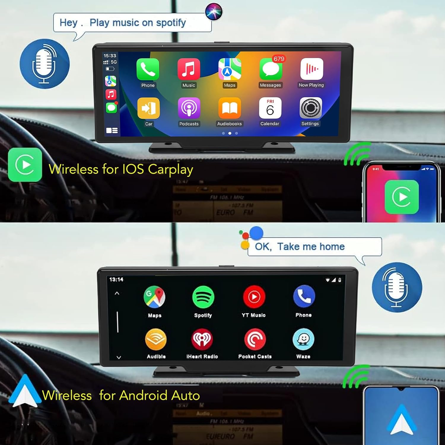 Portable Car Stereo for ANYTEK, 10.26In IPS Touchscreen Bluetooth5.0 Car Stereo, Touch Screen Compatible Wireless for Carplay and Wireless for Android Auto image number 5