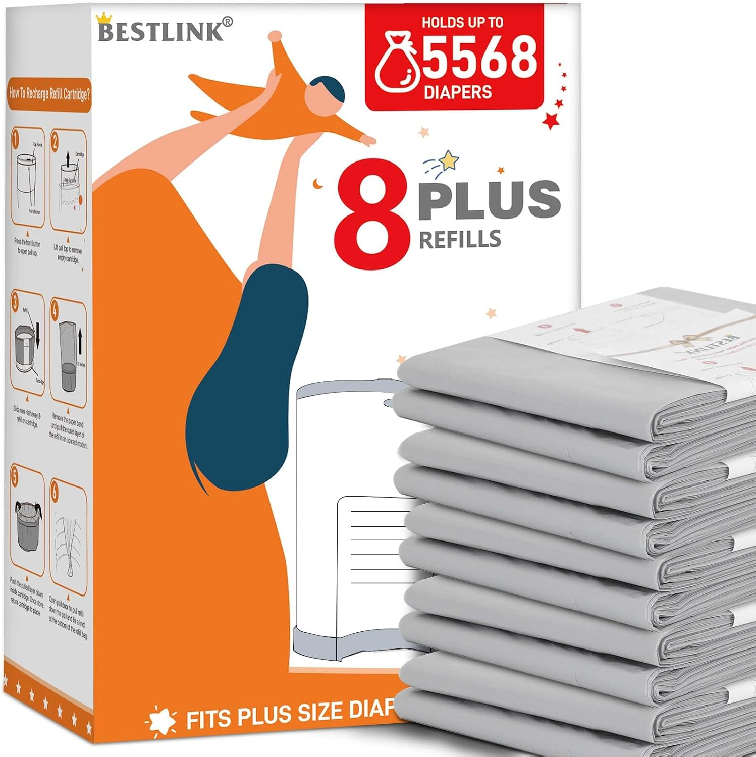 8 Pack Refills Compatible with DEKOR plus Diaper Pails | 20% Extra Length Diaper Pail Refill Bags Liners Holds 5568 Diapers | Ultimate Odor Control with Baby Scented image number 4