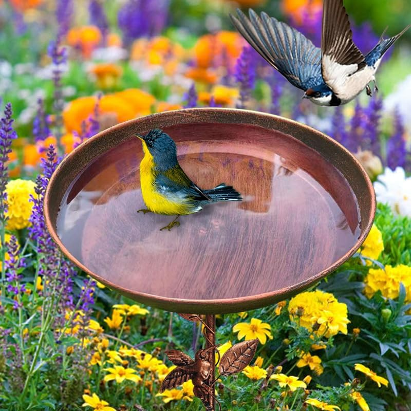 Decorative Bird Bath Feeder, Copper Metal, 80Cm Height, Garden Bird Feeder with Beautiful Leaf and Bird Mofifs Design image number 2