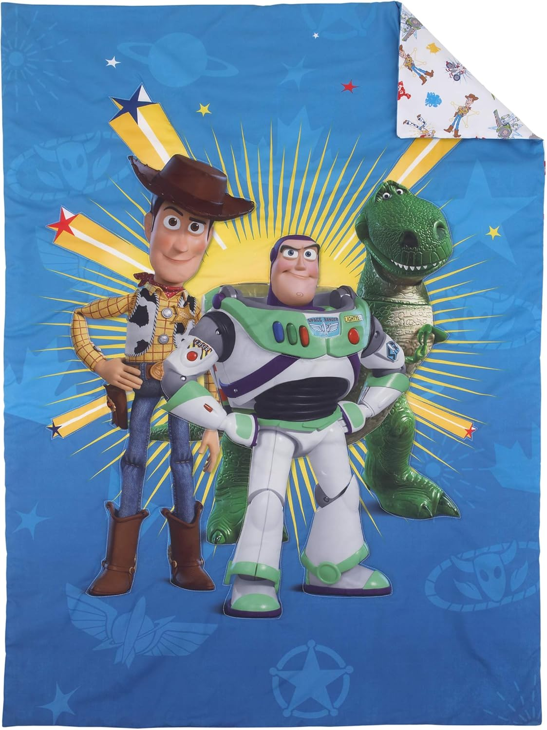 Disney Toy Story 4 - Blue, Green, Yellow Toys in Action 4Piece Toddler Bed Set - Comforter, Flat Top Sheet, Fitted Bottom Sheet, Reversible Pillowcase, Blue, Green, Yellow, image number 1