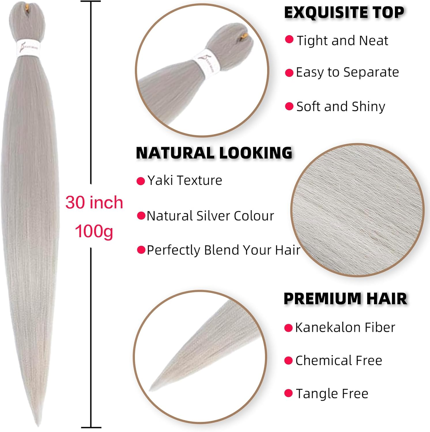 Xusuperb 30 Inch Long Pre Stretched Braiding Hair Silver Grey Easy Braids Extensions Silver Kanekalon Synthetic Hair for Braiding 6 Packs Pre-Stretched Braiding Hair Yaki Braids Hair Extensions (Grey image number 7