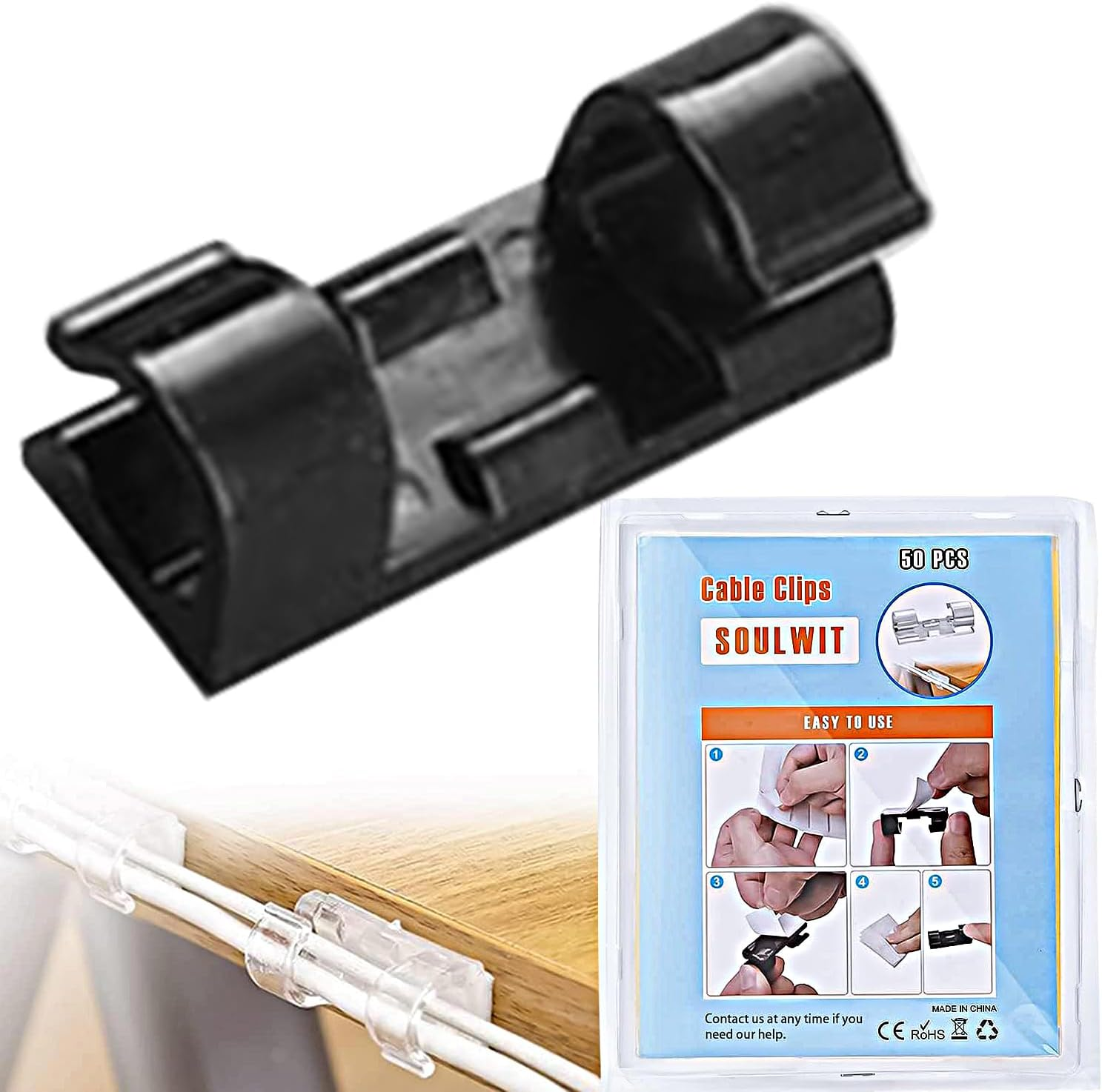 SOULWIT 50 Pcs Self Adhesive Cable Management Clips, Cable Organizers Sticky Wire Clips Cord Holder for TV PC Laptop Ethernet Cable Desktop Home Office (Transparent)