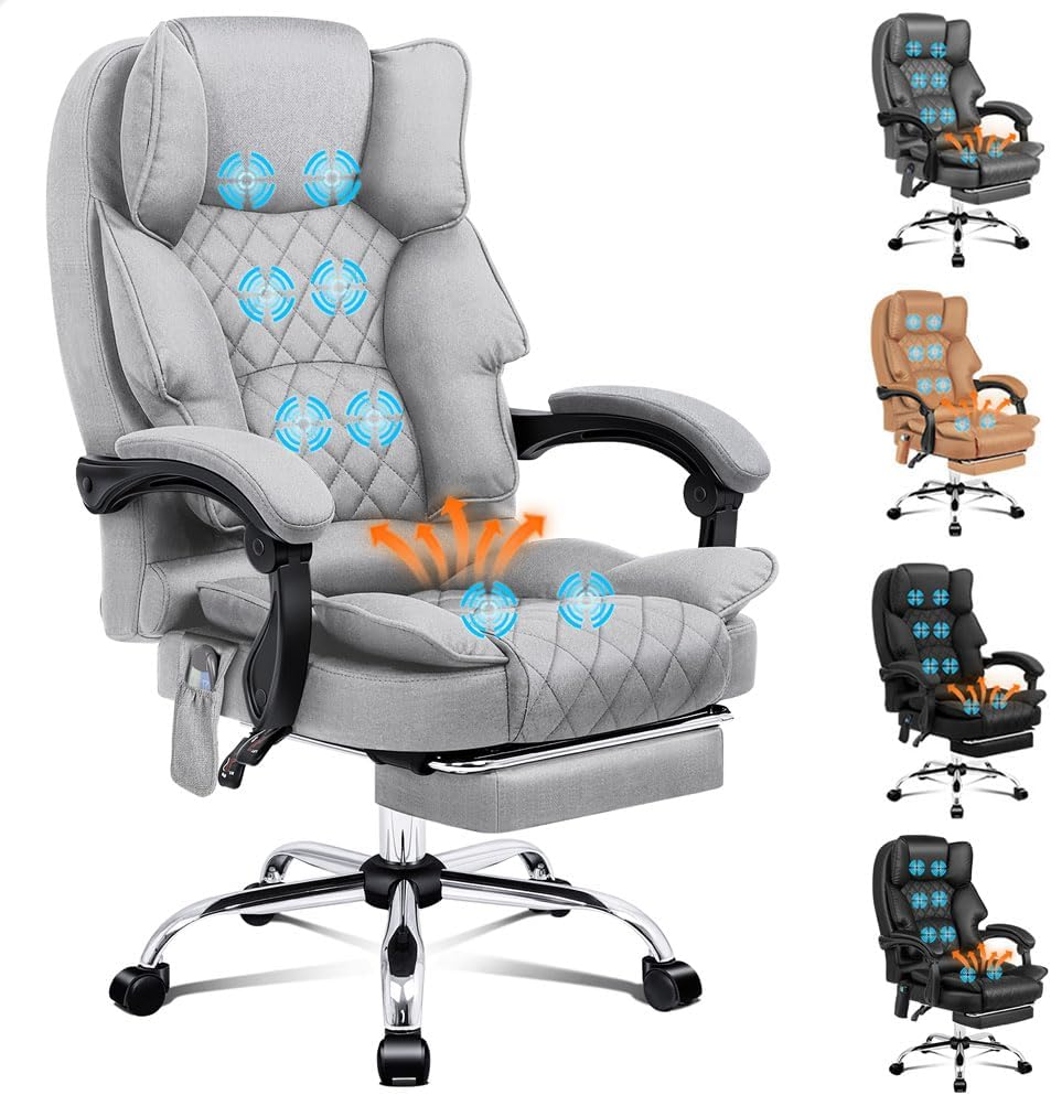 ALFORDSON Ergonomic Office Chair Recline with 8-Point Massage and Heated Seat, Gaming Executive Computer Racer Chair Adjustable Height, Fabric Home Office Chair with High Back Footrest(Fabric Grey)
