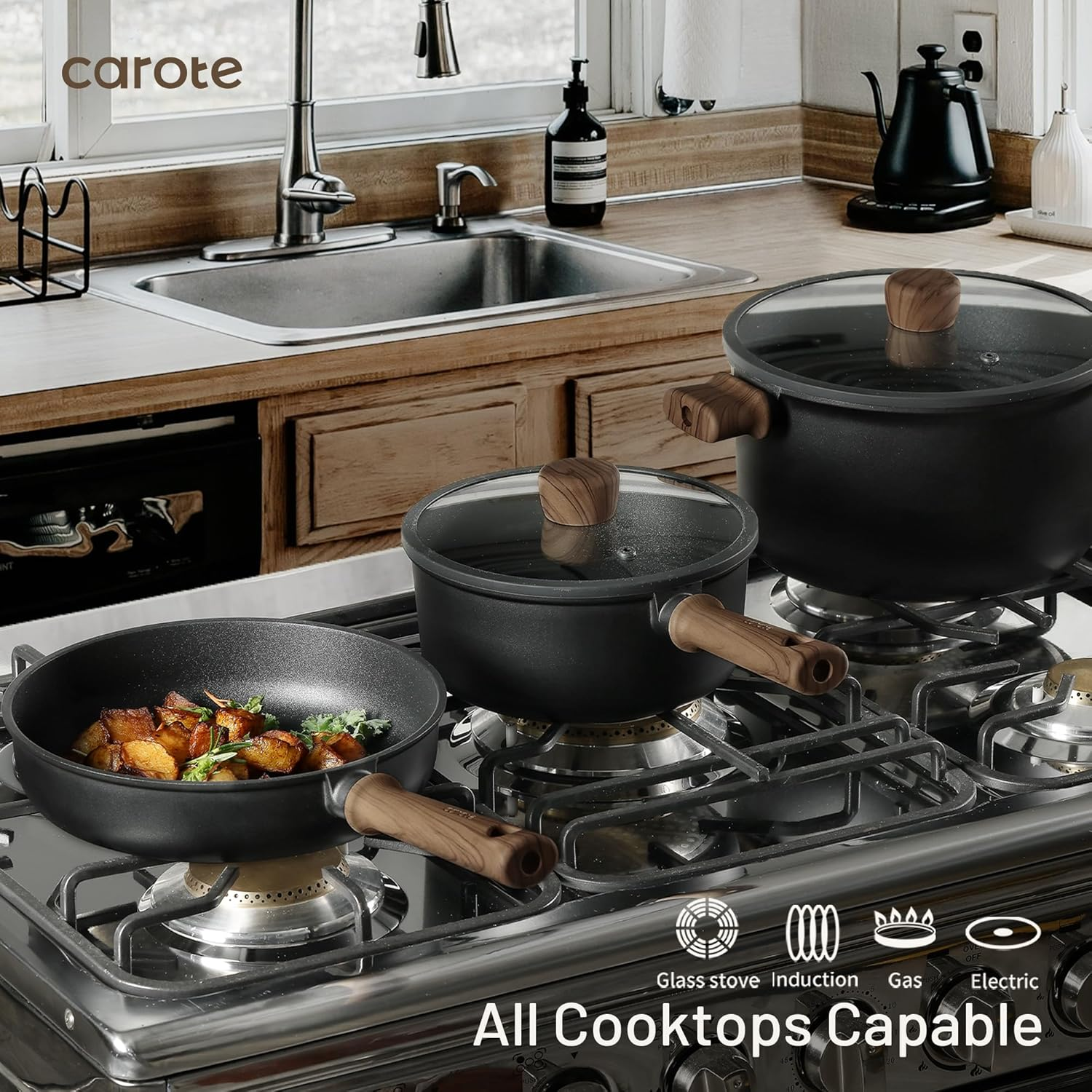 CAROTE 16Pcs Pots and Pans Set Non Stick, Nonstick Kitchen Cookware Sets, Induction Cookware Sets with Stay-Cool Handle, Black image number 4