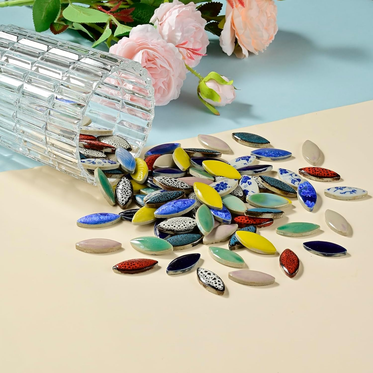 SMANTA 70 Pcs Petal Ceramics Mosaic Tiles for Crafts, Stained Ceramics Mosaic Supplies, Flower Leaves Mosaic Ceramics Pieces Kit for DIY Crafts Plates Picture Frames Home Decorations - Mixed Color image number 3