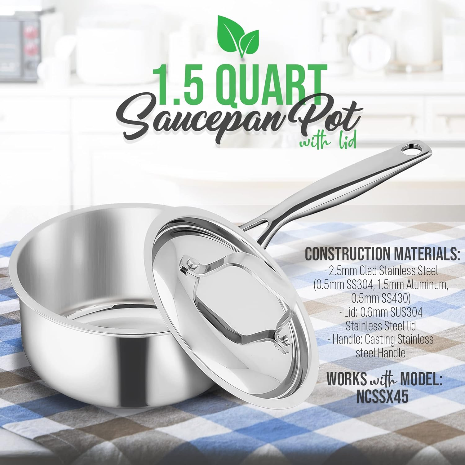 1.5-Quart Saucepan with Lid - PFOA/PFOS Free Stainless Steel Stain-Resistant Sauce Pot Kitchen Cookware W/Satin Interior, Polished Exterior, Hollowed Cast Handles - Works W/Model NCSSX45 image number 1