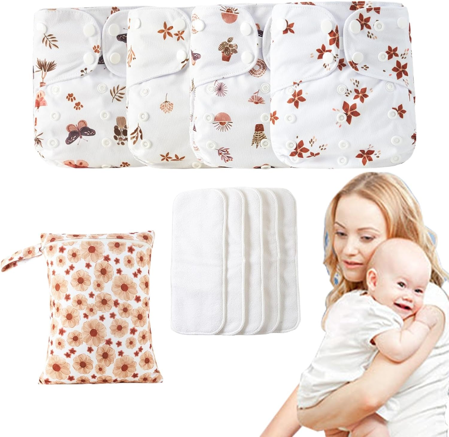 Cloth Diapers for Babies, Adjustable Reusable Baby Cloth Diapers, 4X Waterproof Cover, Absorbent & Breathable Liners with 4 Inserts & 1 Wet Bag, Prevents Staining