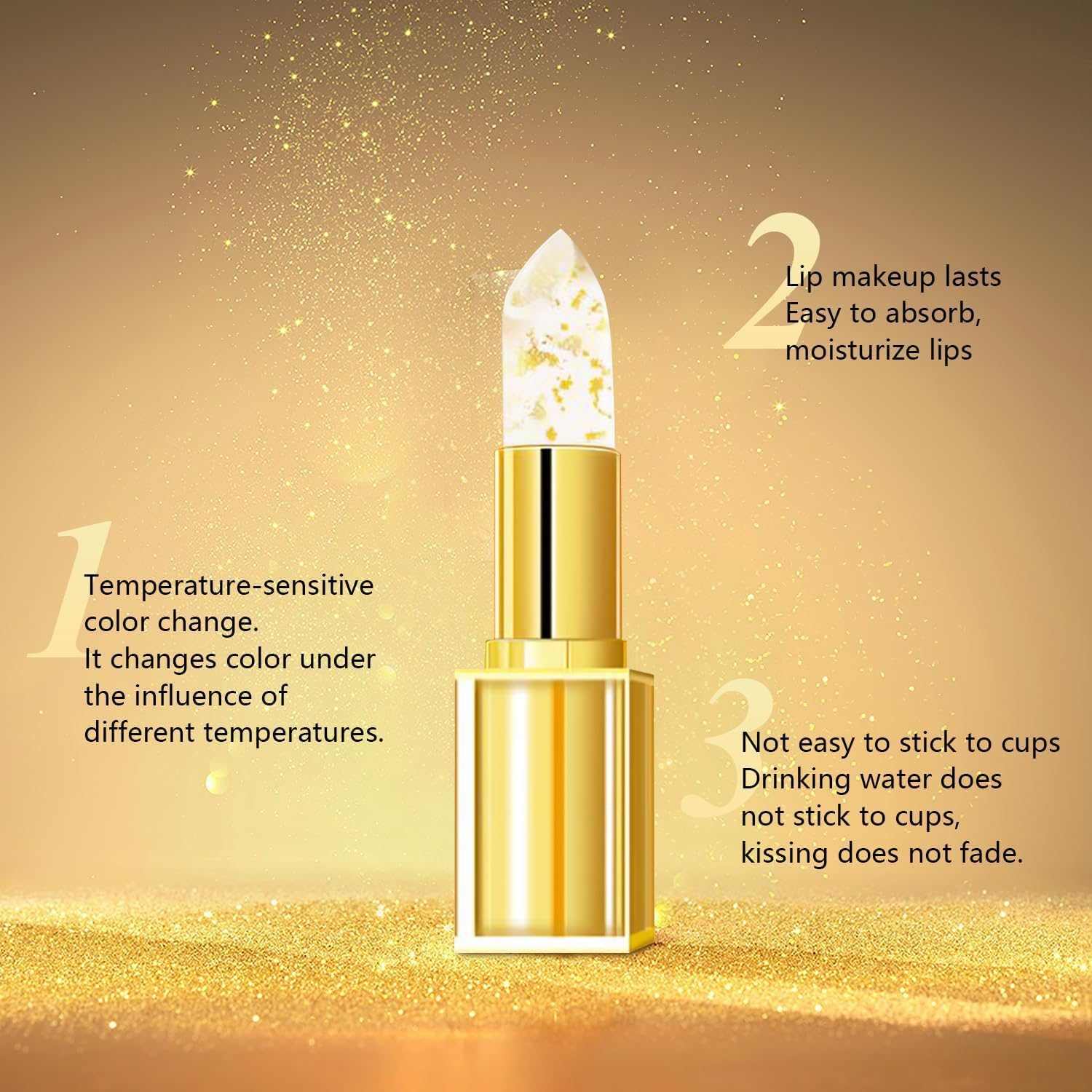 Bymolia Color Changing Lipstick, Transparente Transferproof Gold Crystal Color Changing Lip Stick for Women, Long Lasting 24 Hours Moisturizing Glossy Shine Lip Gloss, Deep Nourishment (2Pcs) image number 3