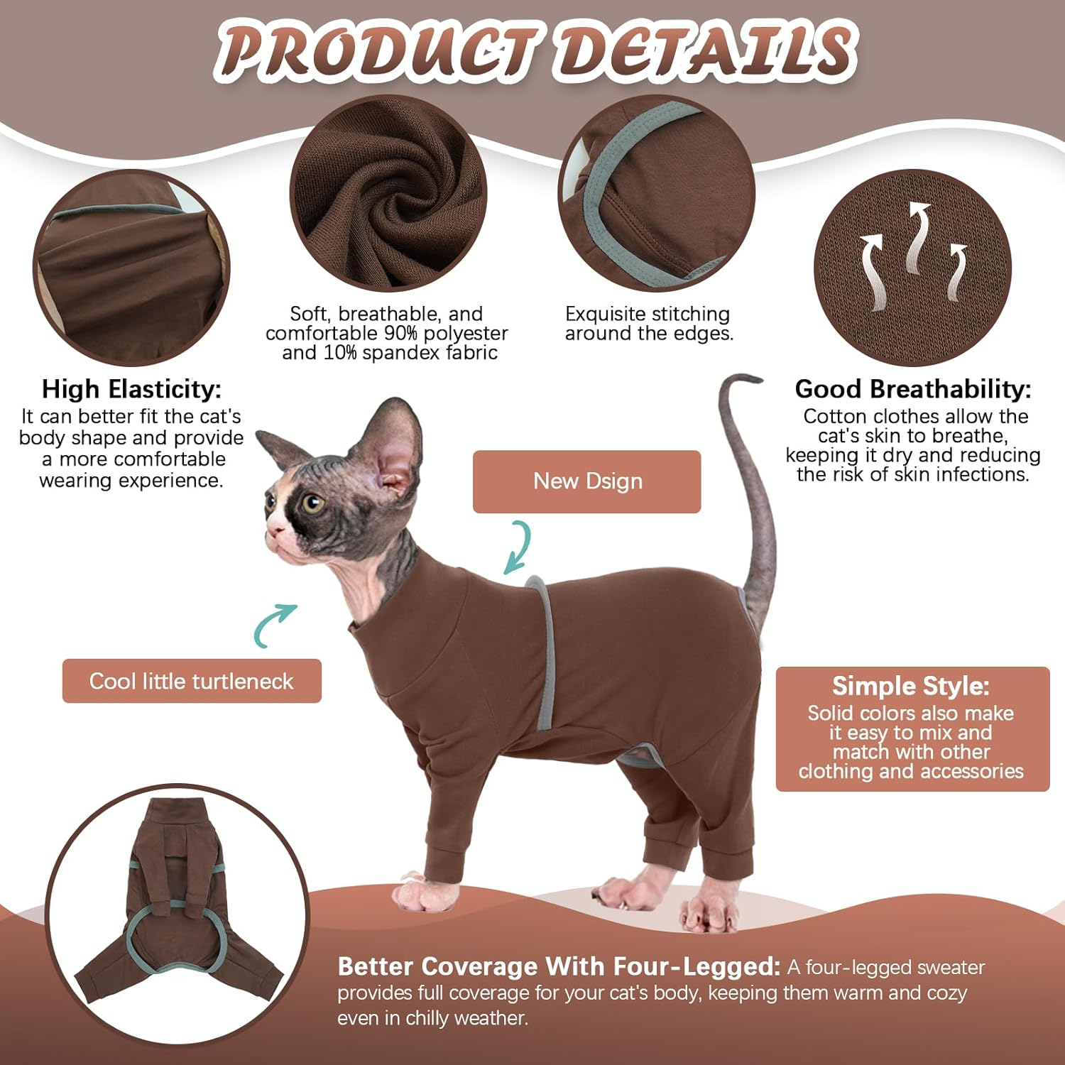 Hjyokuso Sphynx Cat Clothes, Breathable Soft Cat Jumpers for Cats Only, Cat Coat with Four Legs, Cat T-Shirt, Warm Cat Sweaters, Cat Pajamas Jumpsuit Vest for Sphynx, Cornish Rex, Devon Rex,Peterbald image number 5