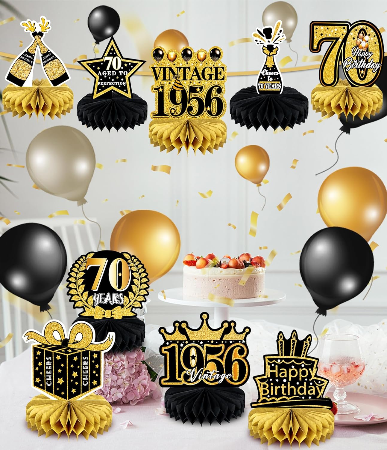 9 Pcs 70Th Birthday Decoration for Men Women - Honeycomb Centerpieces & Table Decorations - Black & Gold - Cheers to 70 Years - 1955 Birthday Party Favors - 80Th-Black And Gold image number 4