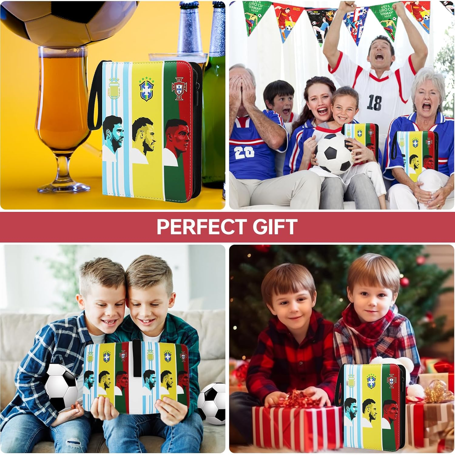 Soccer Card Binder, 4 Pocket Sports Trading Card Collection Binder, Soccer Card Holder with Zipper Carrying Handle and 50 Removable Sleeves for 400 Cards, Waterproof 3-Ring Card Album Folder image number 2