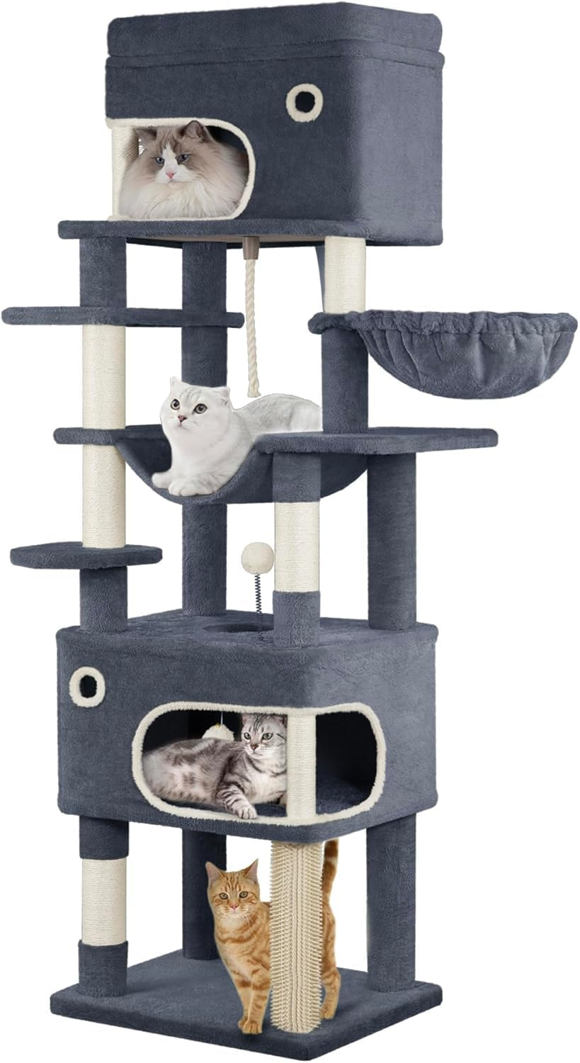 Hzuaneri 178Cm Cat Tree for Indoor Cats, Multi-Layer Scratching Post with Large Platform, 2 Caves, 7 Sisal Posts, Pompoms, Cat Basket, Hammock, Suitable for Cats, Light Grey MS17818LG
