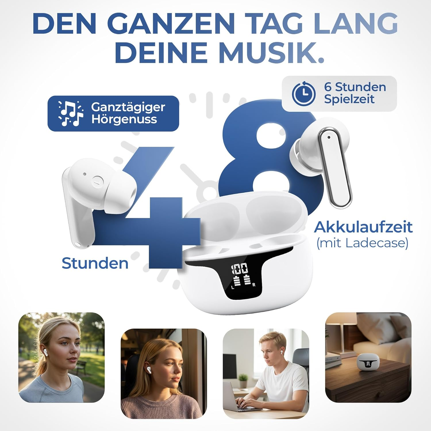 FREI PUNKT 24 In-Ear Headphones - Bluetooth 5.3, White, ANC+ENC Noise Cancellation, 6+48H Runtime, LED Display, Rich Bass, 3 Pairs Silicone Ear Tips - Black image number 5