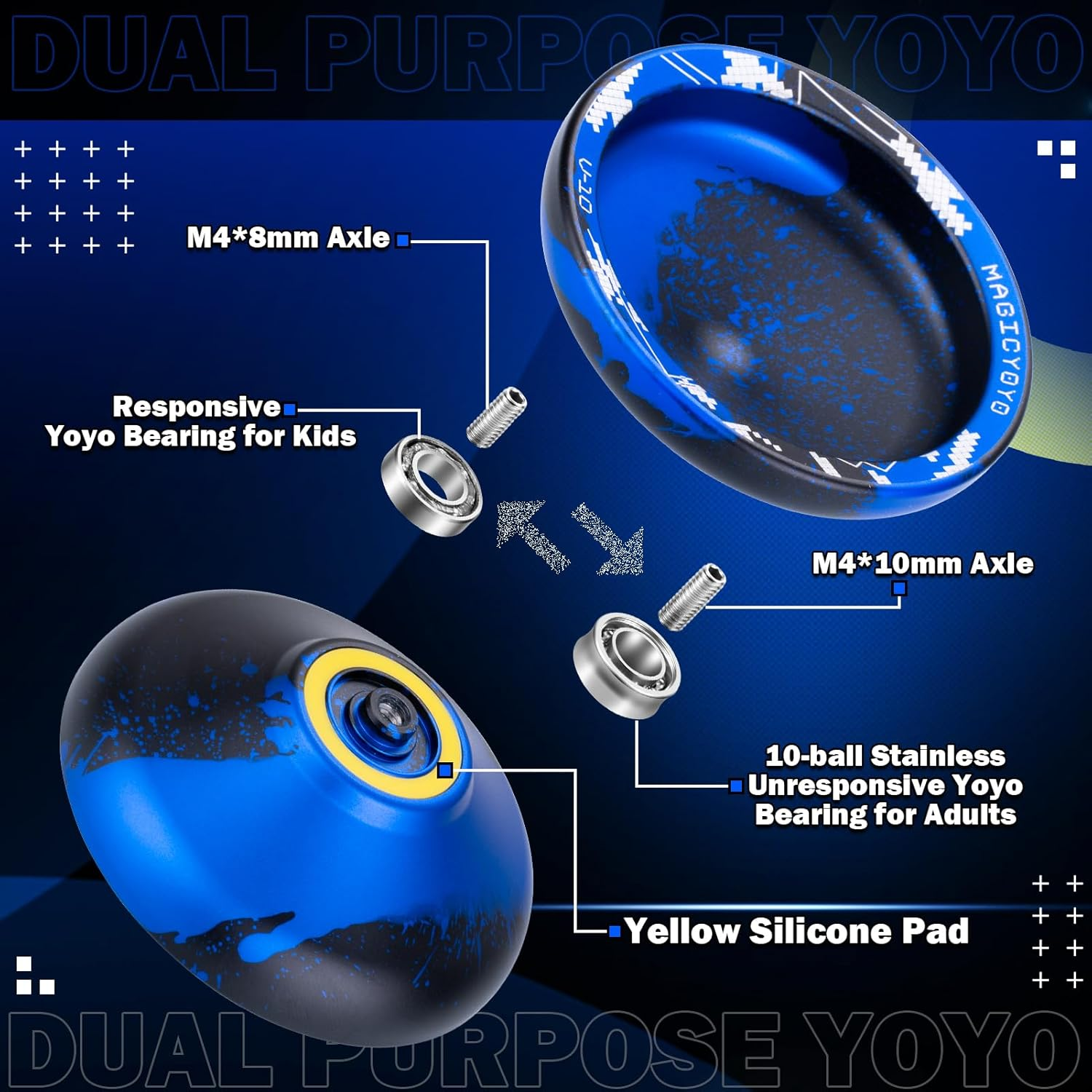 MAGICYOYO V10 Finger Spin Yoyo Professional Metal Trick Yoyo Responsive & Unresponsive Dual Purpose Yo Yo with Storage Case + Yo Yo Glove +12 Strings(Black Blue)