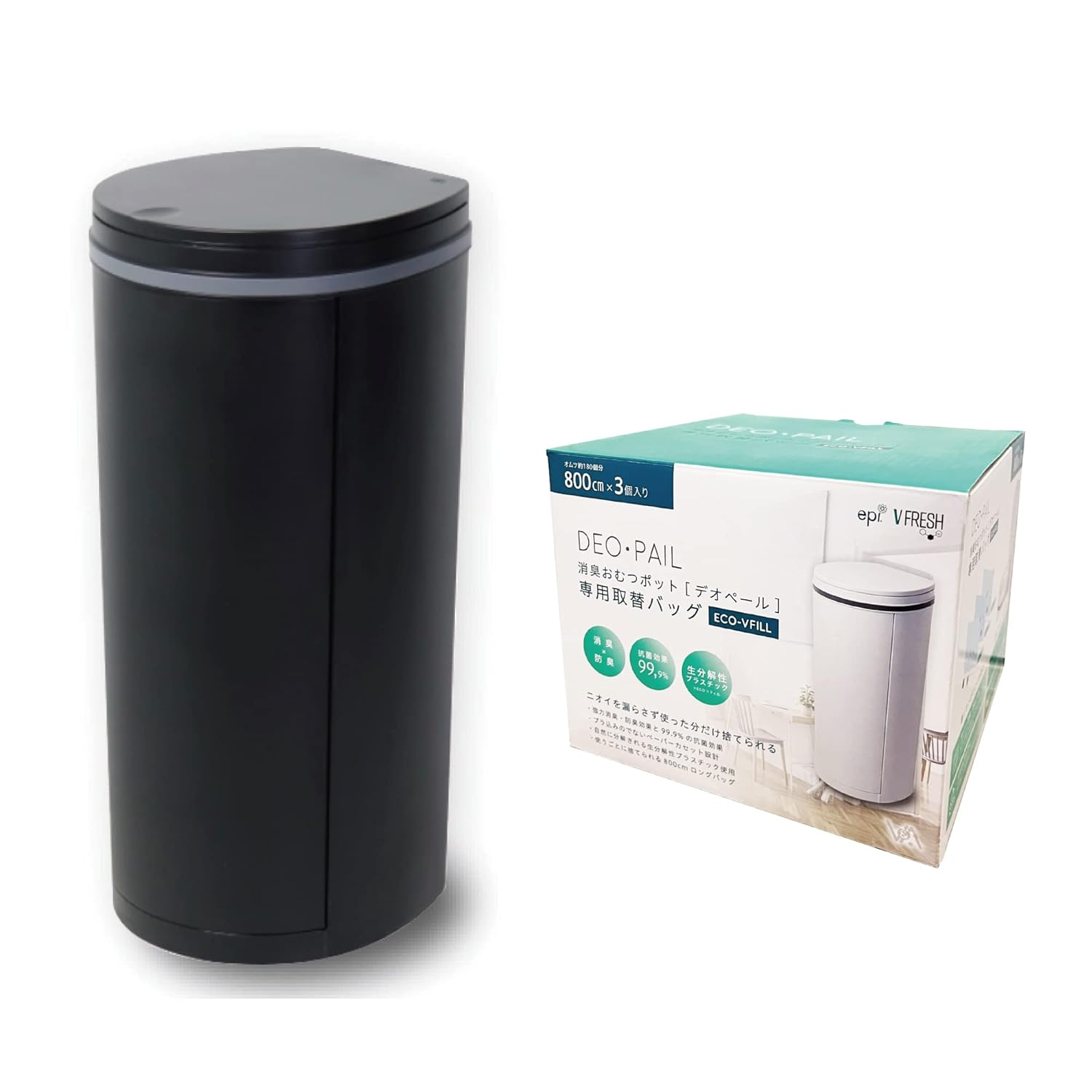 DEO Pail Trash Can for Diaper Processing, 6.3 Gal (21 L), 1 Cassette, Odor Resistant, Deodorizing, Antibacterial, for Babies, Nursing Care (Body + 3 Cassettes, Light Gray)