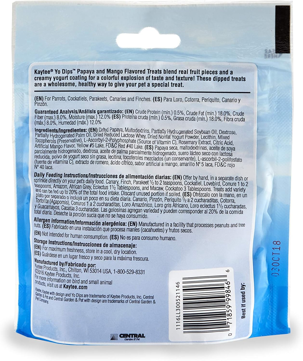 Kaytee Mango Flavored Yogurt Dipped Papaya Treats for All Pet Birds, 2.5-Oz Bag