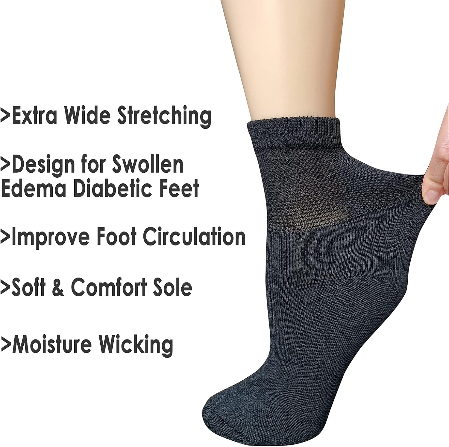 VEIGIKE Women Extra Wide Comfort Fit Loose Fit Quarter Socks Moisture Wicking Cushion Diabetic Socks Loose Fit for Wide Swollen Feet Ankle 4 Pairs 9-11, Black, One Size, Black-4Pairs, One Size