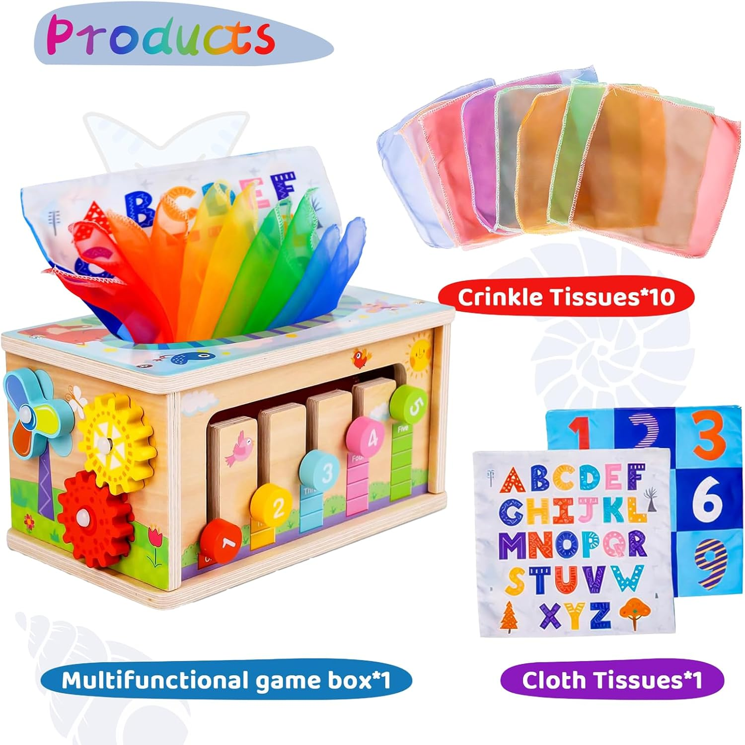 6-In-1 Montessori Tissue Box Toy for 3+Yrs Old Baby, Wooden Activity Cube, Puzzles 36+ Months, Sensory Toys for Toddlers, Montessori Toys, Wooden Developmental Toys for Babies image number 2