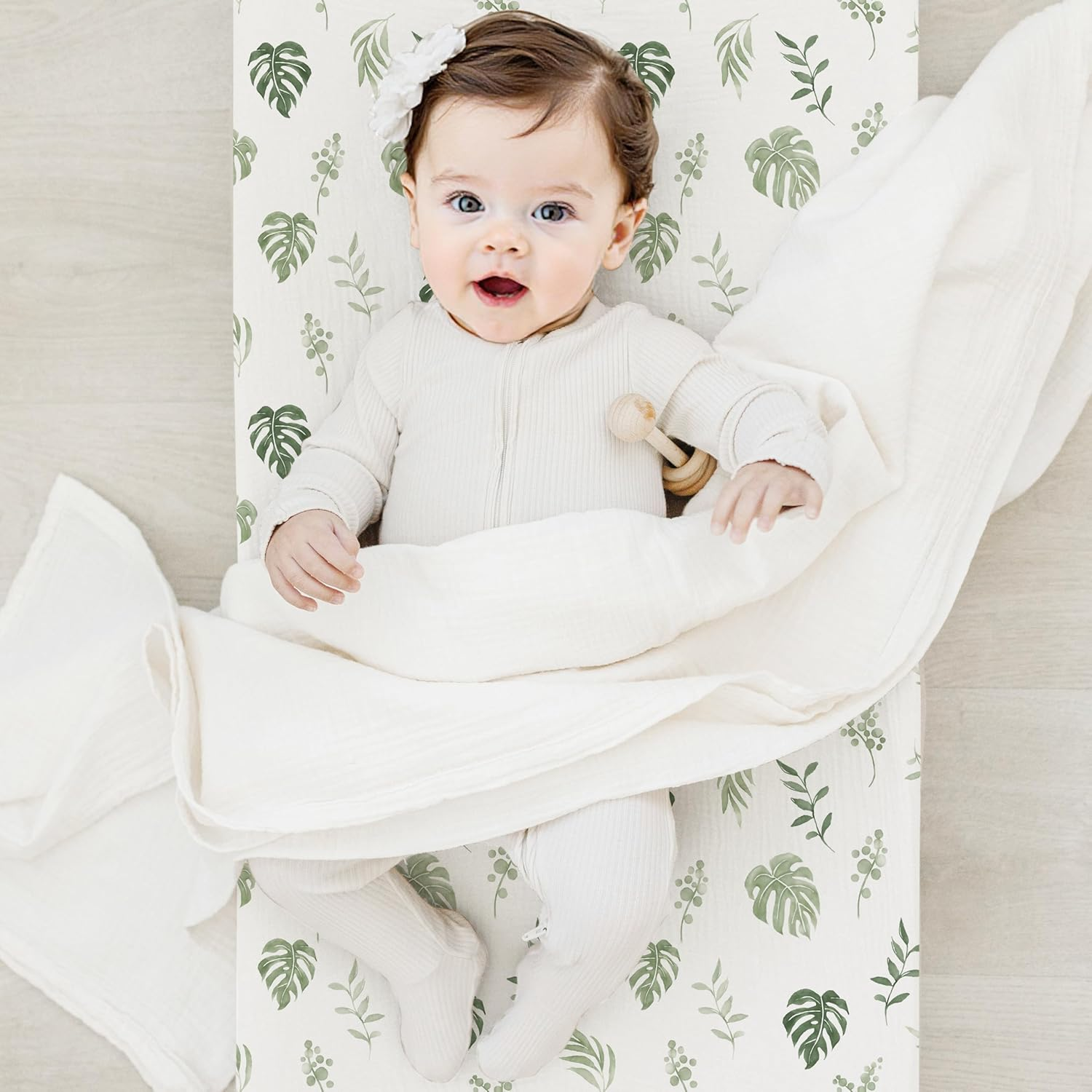 3 Pack Muslin Changing Pad Covers for Girl, Boy, 100% Soft Cotton Changing Table Cover, Breathable Baby Nursery Diaper Chang Pad Sheets (Leaf) image number 4