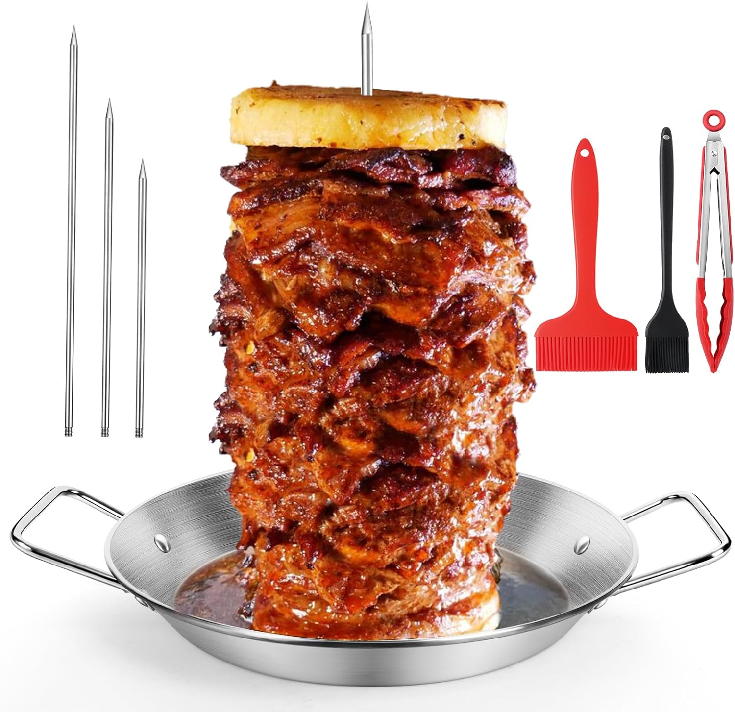 10" Al Pastor Skewer for Grill, Gyro Pan with Skewer, BBQ Vertical Skewer Pan, Stand Rack for Tacos, Shawarma, Kebabs, Gyros, with 3 Removable (9/10/12) Barbecue Spikes, 2 Oil Brushes & Barbecue Tongs image number 3