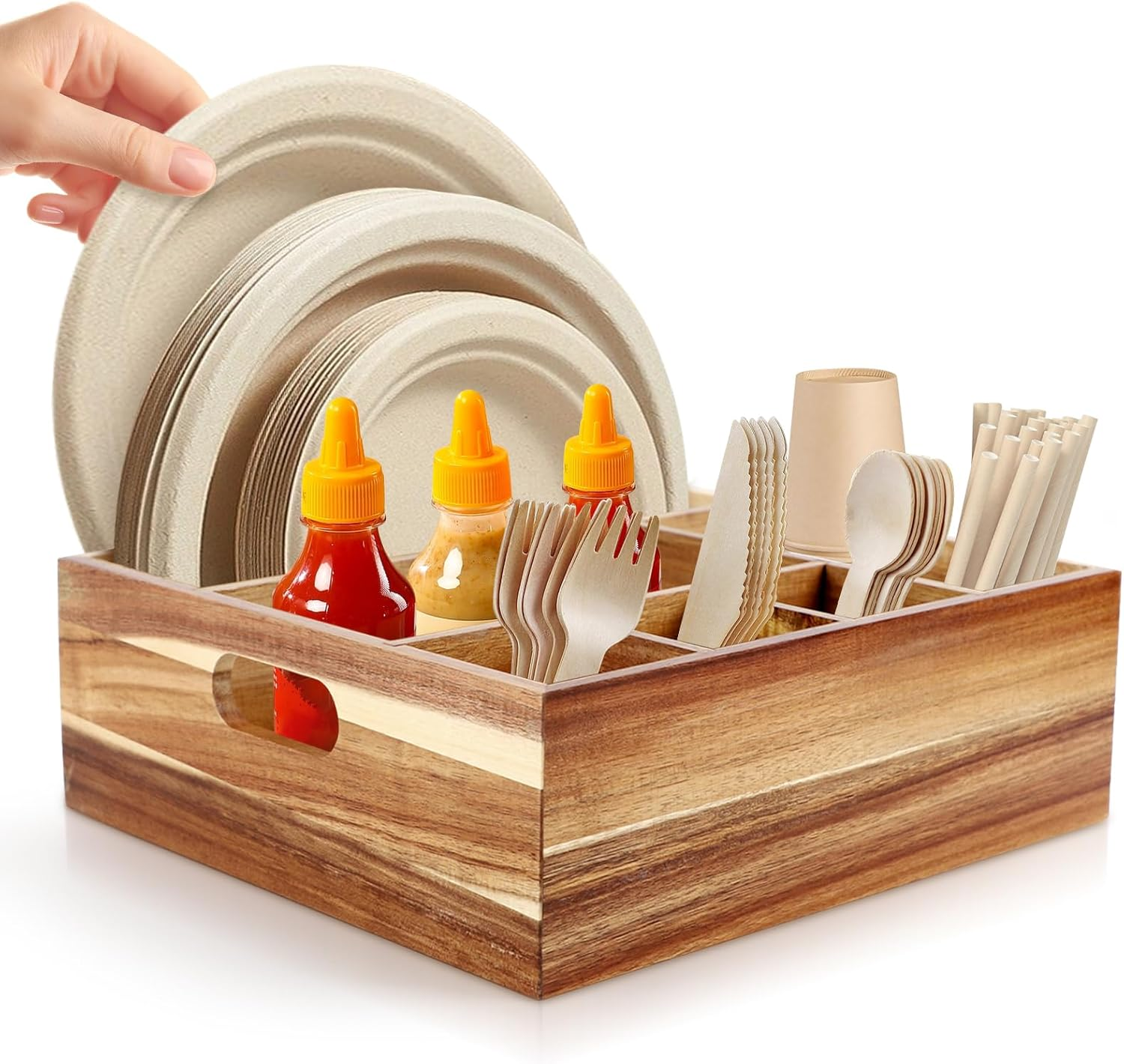 Acacia Wood Utensil Holder for Party - Cutlery Drawer Organiser - Cutlery Holder for Kitchen Camping Buffet, 6-Compartment Utensil Caddy for Forks, Knives, Spoons, Cups image number 4