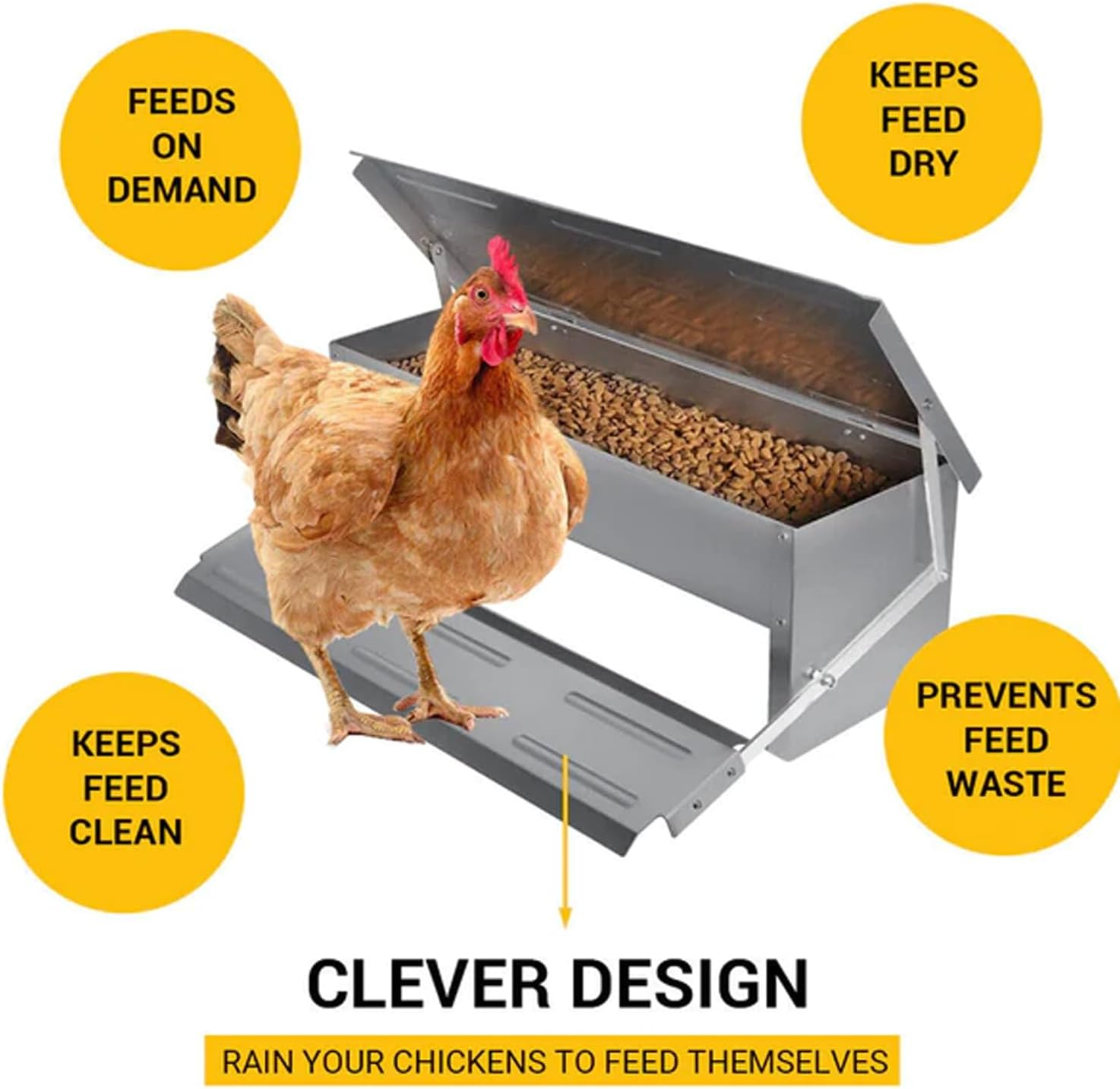 EZONEDEAL Automatic Chicken Food Feeder 8.2L Treadle Galvanized Steel Poultry Feeders Automatic Food Dispenser with Lid, Suitable for Chicken, Bantams, Poultry, Pheasants, Turkey, Chicken Feeder Port image number 3