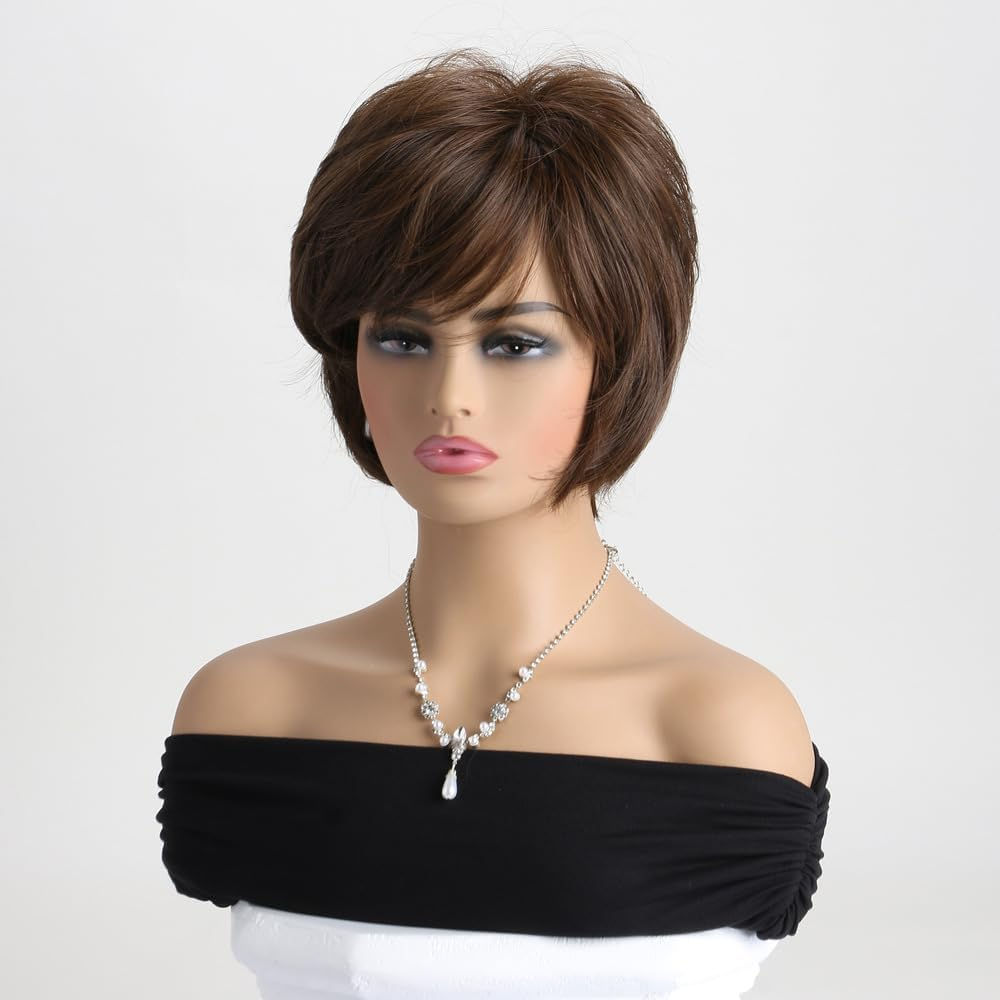 AUBWIG Short Brown Bob Wigs Pixie Charming Style Fluffy with Fringe Natural Straight Synthetic Short Hair Wigs Daily Hair (Brown #3B)