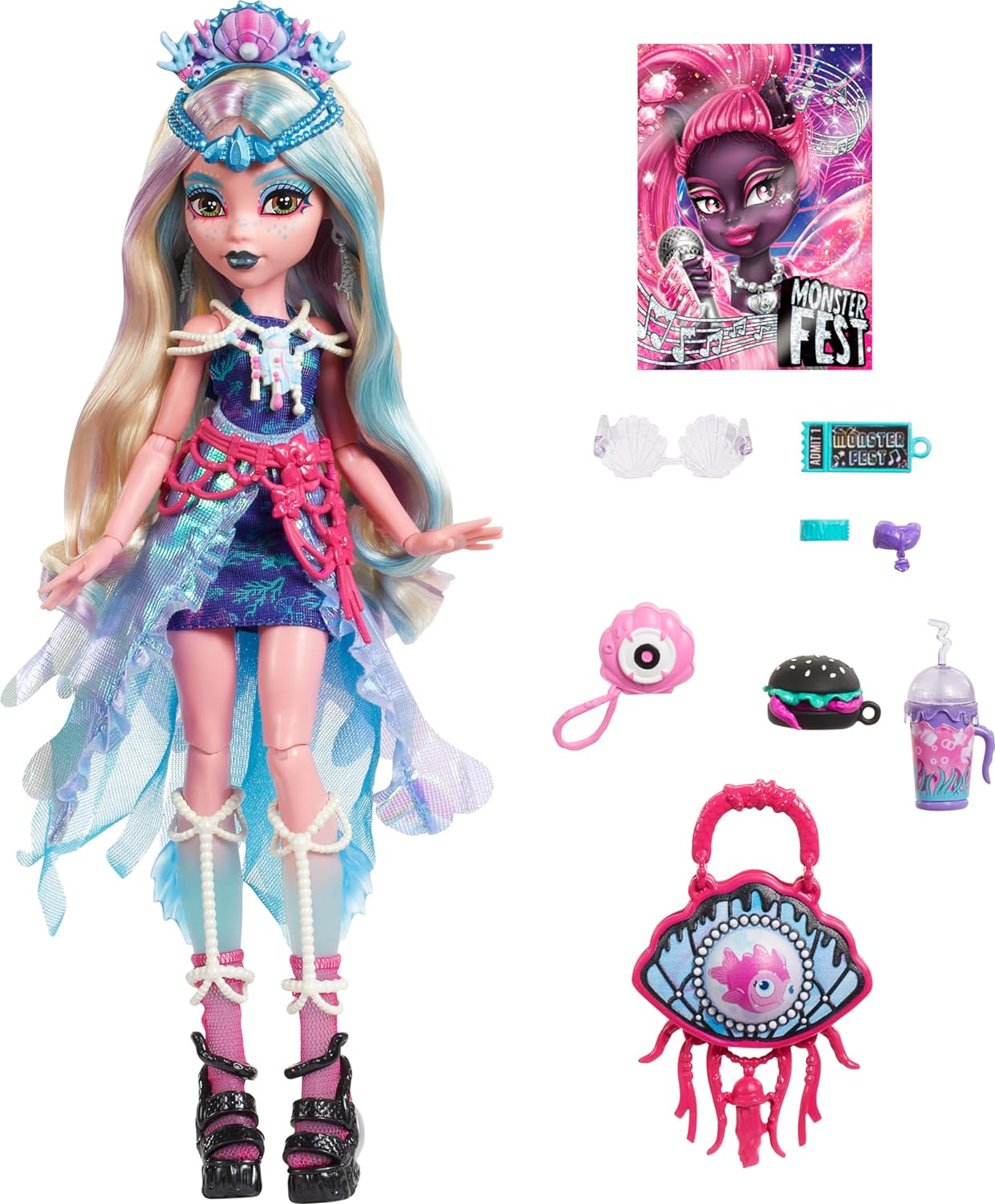Monster High Monster Fest Doll, Lagoona Blue with Glam Outfit & Festival Themed Accessories like Snacks, Band Poster, Statement Bag & More image number 4
