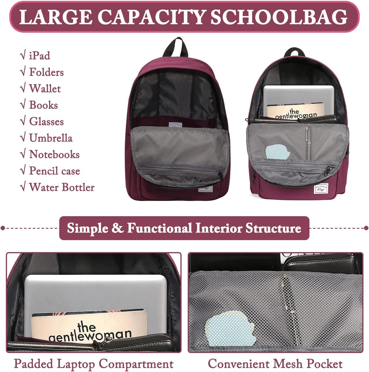 KASQO School Backpack, Lightweight Water Resistant Backpack for Men Women Classic Daypack Kids Bookbag Travel Rucksack Bag for Teens College, Camping, Work - Black image number 4