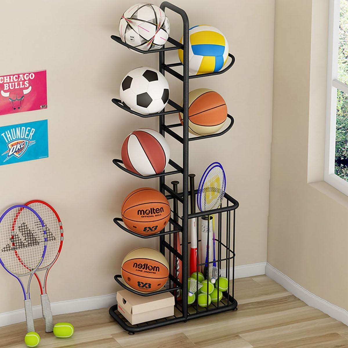 Ball Storage Rack, Football Stand, Ball Storage Garage, Ball Holder, Sports Equipment Storage for Garage, Basketball Organizer Rack with Basket, Toy/Sports Gear Storage Indoor (7 Balls with Basket)
