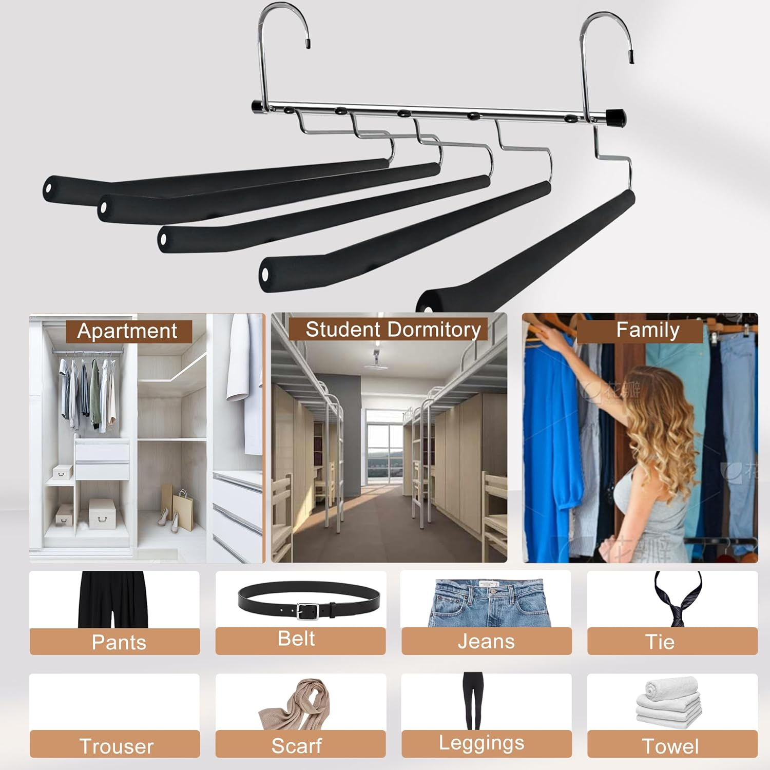 MEILANHUI Pants Hangers Space Saving, 2 Pack Closet Organizer and Tie Hangers for Men 5 Tier Stainless Steel Anti-Slip Space Saving Hangers for Clothes Pants Scarf Jeans Leggings Trousers - Clothe Hanger image number 2