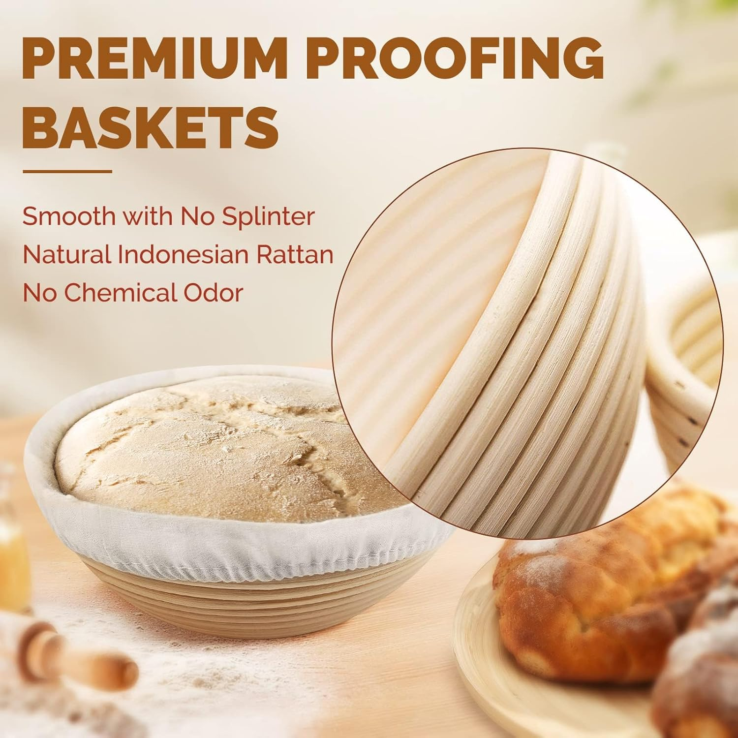 Bread Banneton Proofing Basket Set of 2, 9 Inch round & 10 Oval Cane Sourdough Baskets with Lame + Dough Scraper Linen Liner Basting Brush for Making Baking Fermentation image number 6