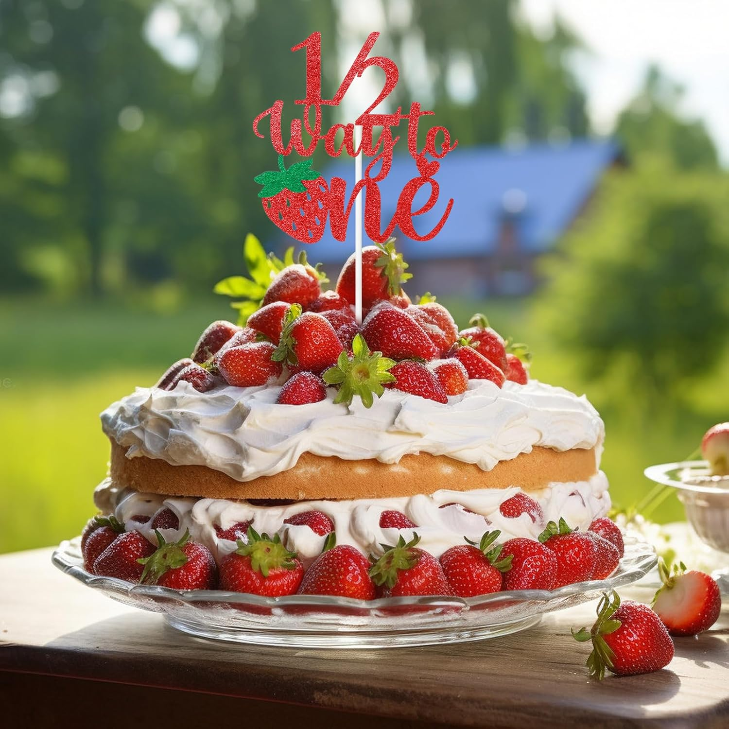 Strawberry Half Birthday Cake Topper, Berry Sweet 6 Months Celebration, Glitter Cake Pick, Happy Birthday Decorations image number 2