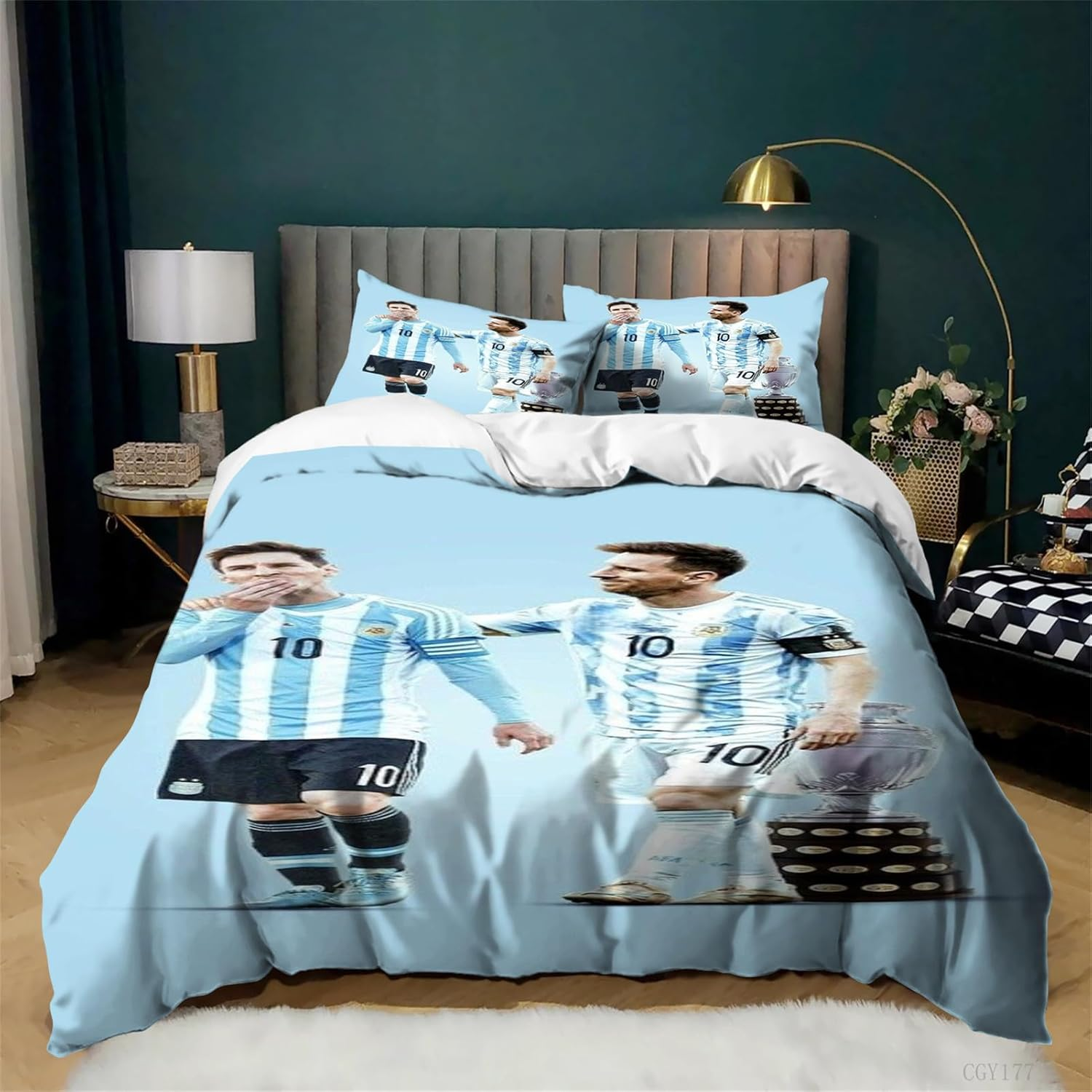 3Pcs Messi Bedding Duvet Cover Set Light-Weight Quilt Cover Set Football Star Ultra Soft Duvet Cover with 2 Pillow Shams