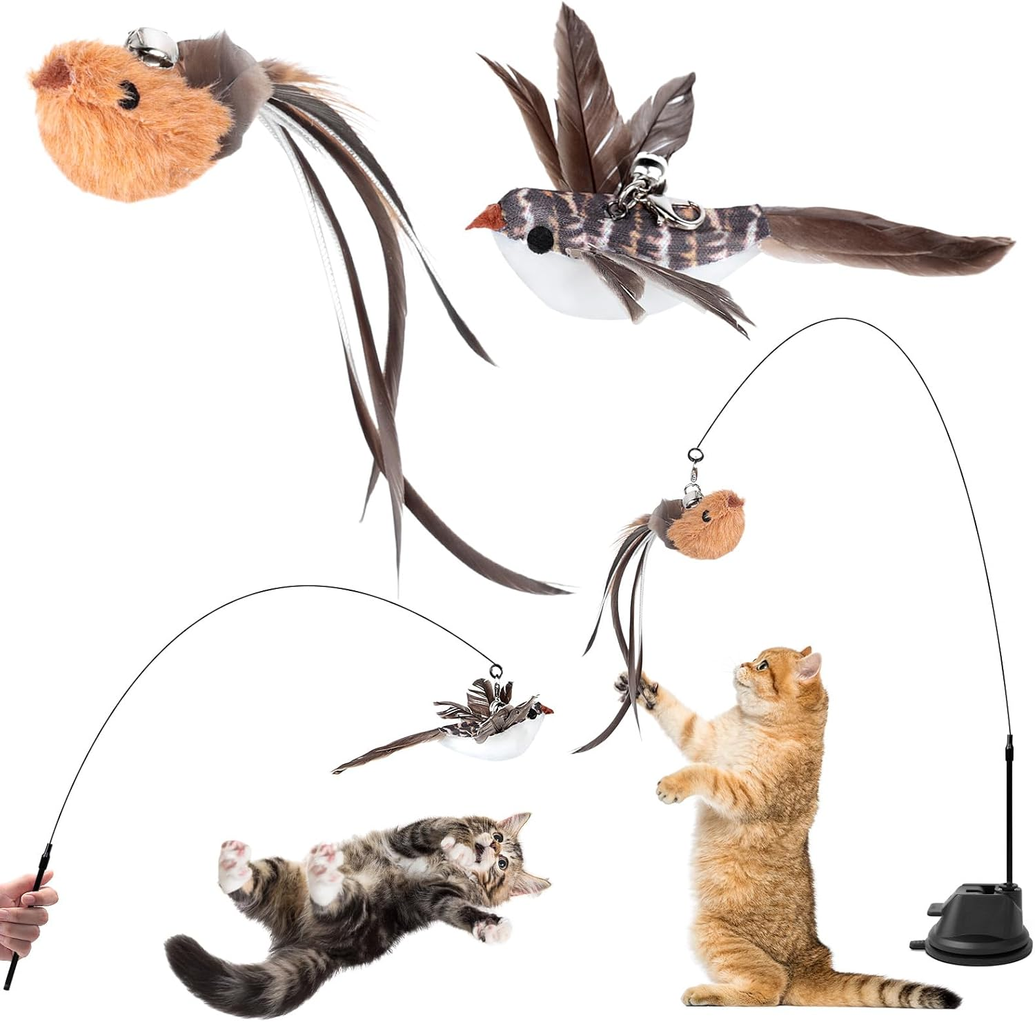 Aiqinu Cat Toy Interactive Cat Toy Suction Cup 1 Cat Fishing Rod with 2 Bells Birds, Intelligence Toy for Cats Wand image number 6