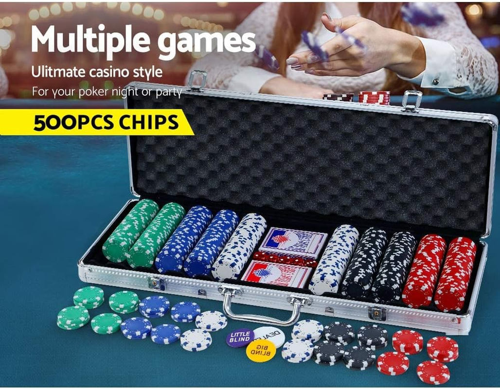 500Pcs Poker Chips Set, Casino Betting Chip Case Party Carry Bag Dice Sets Playing Cards Number Accessories for Games Night, with 5 Dices 3 Buttons Aluminum Cases image number 1