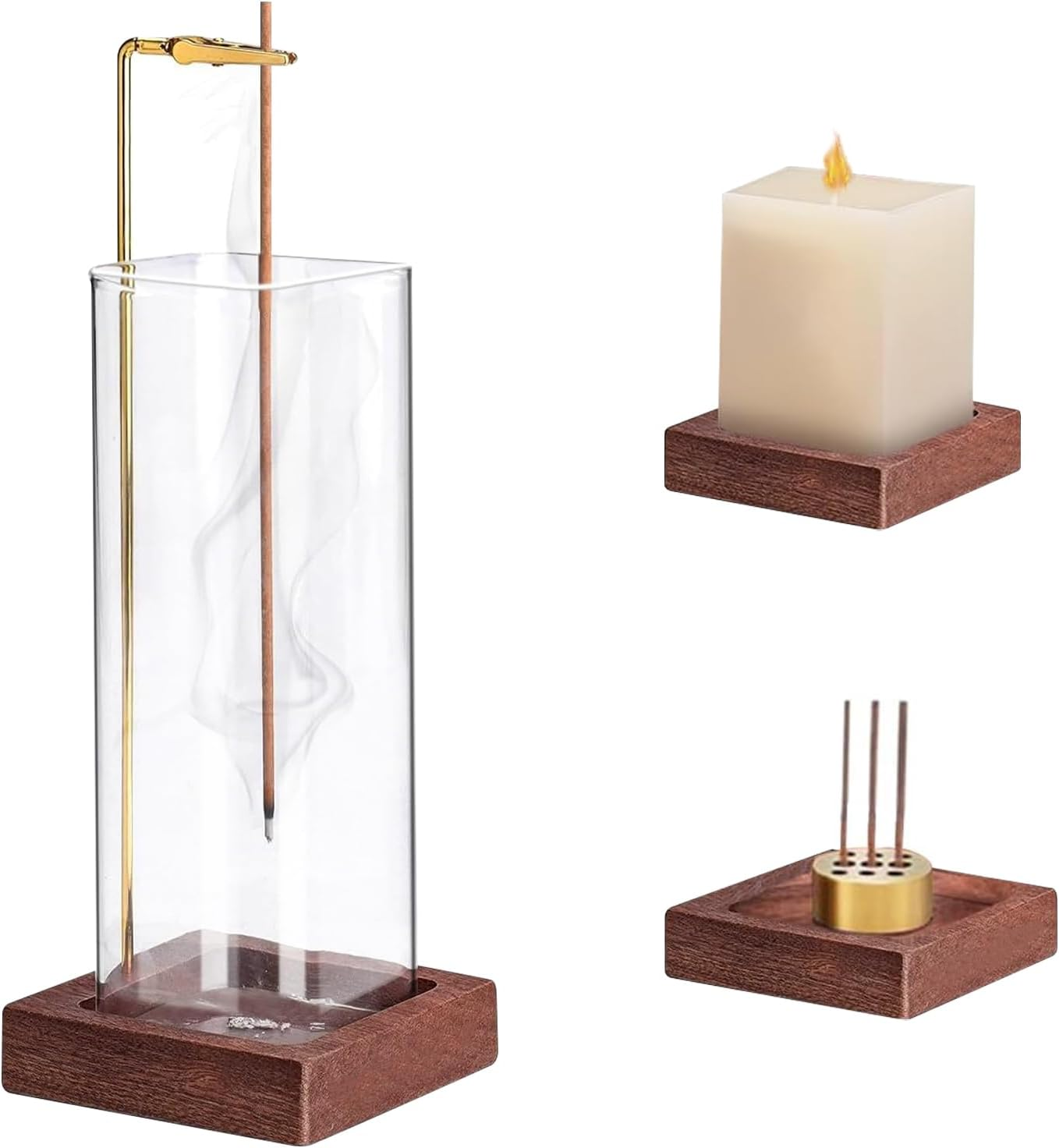 Incense Holder Wooden, Brass Incense Burner Holder with Removable Glass Ash Catcher Incense, Upside-Down Ash Catcher for Yoga Spa Meditation Home Decor image number 5