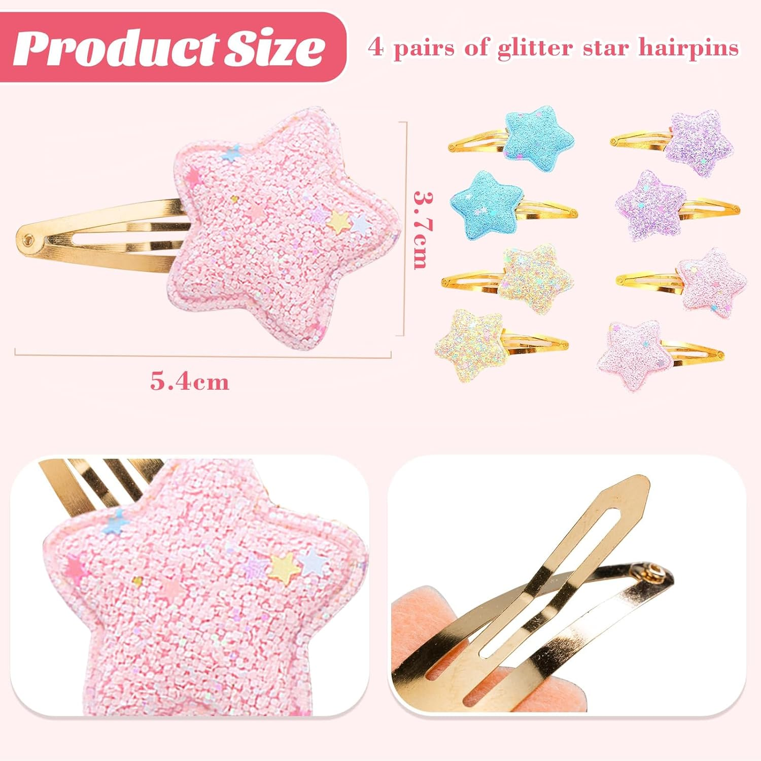 Lilbitty 4 Pairs Glitter Hair Clips for Girls - Cute Star Hair Clips for Kids, Colourful Glitter Hair Clips for Toddlers, Idea for Birthday Parties image number 1